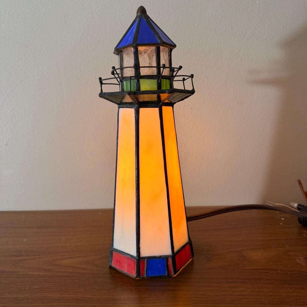 Vintage Stained Glass Lighthouse Lamp Nautical Coastal Accent Night Light